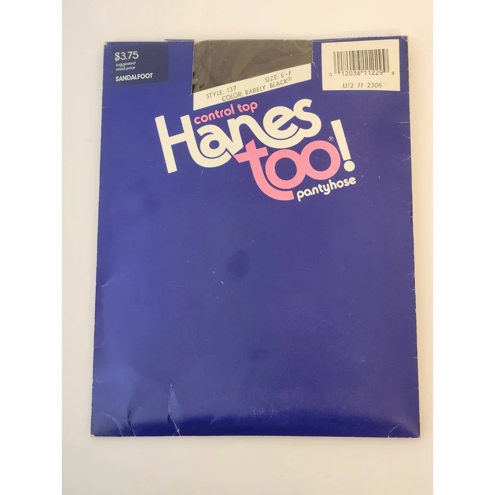 Vtg Hanes Too! Control Top Pretty Sz E-F Barely Black Sandalfoot Nylon Pantyhose